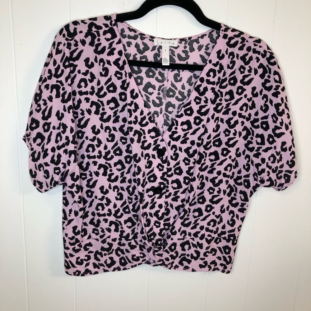 Leith Leopard Pink and Black Cropped Blouse Small